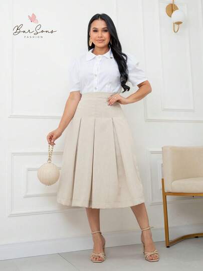 Saia Midi Godê Com Pregas em Linho Misto Moderna Moda Modesta Cristã Evangelica Elegante Premium Escritorio - REF: Dalia