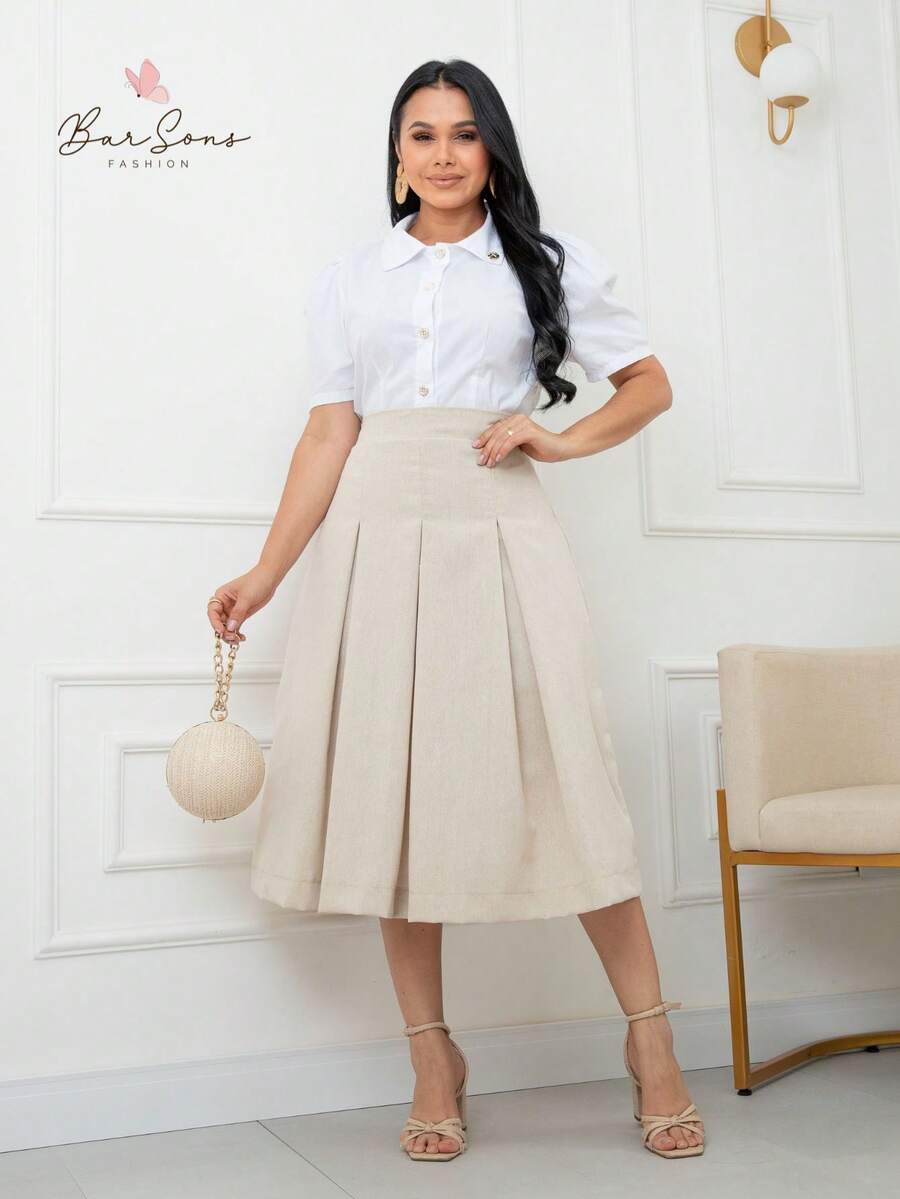 Saia Midi Godê Com Pregas em Linho Misto Moderna Moda Modesta Cristã Evangelica Elegante Premium Escritorio - REF: Dalia