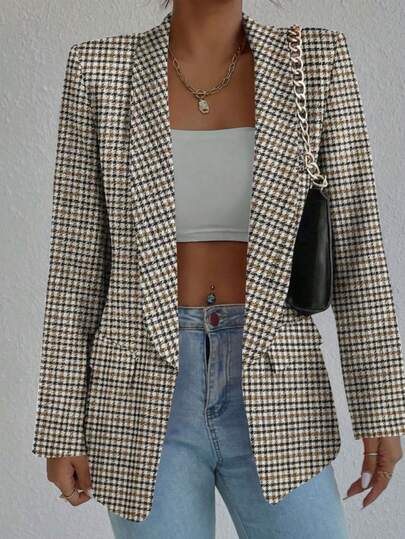 Women's Plaid Polyester Casual Jacket With Faux Pockets, Suitable For Office, Commute, Vintage, Vacation, Elegant, Daily, Airport, Travel, All Seasons