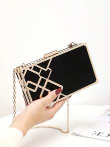 Elegant Mini Gold Satin Metal Mesh Clutch Bag For Evening Party - Black - View 3