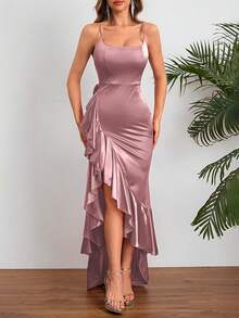 Women Summer Dress, High-End Elegant Sexy Spaghetti Strap Ruffle Hem Slit Dress Party Dress For Women, Suitable For Valentine's Day, Dates, Gatherings, Parties, Travel, Vacation, Beach Wedding Spring - 藕粉色 - 查看 7