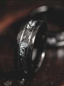 Men's 8mm Black Tungsten Ring With Meteorite Golden Foil Inlay – Stylish Hexagonal Pattern Engagement & Wedding Band, Perfect For Casual Attire Or Special Occasions
