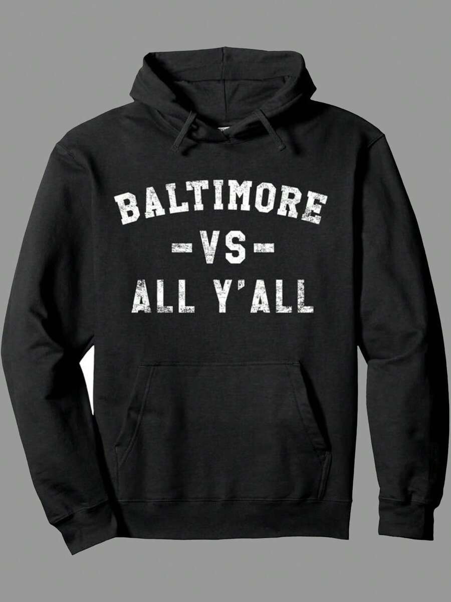 Baltimore Vs All Y'all" Hoodie - Casual Cotton Blend Pullover With  Pocket, Long Sleeve, Stretch Fabric, Perfect For Casual Attire,Fall Hoodies,Men's Fall Clothes,Street Wear,Halloween,Mens Hoodies,Y2k Clothes,Jesus Hoodie,Thanksgiving Day,Nightmare Before Christmas,Christmas - 黑色 - 查看 1