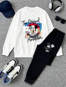 Disney Valentine's Day Pajama Gift Set. White Crew Neck Long Sleeve Sweatshirt Printed With Patchwork Mickey Mouse Design, Paired With Black Casual Sweatpants. Men's 2-Piece Set. Men's Autumn Clothing. - White - View 3