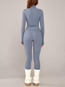 NcmRyu 1 Set Completo Sportivo da Donna con Collo Alto, Aderente, Cerniera e Foro per il Pollice, Tinta Unita - Blu - Visualizzare 3