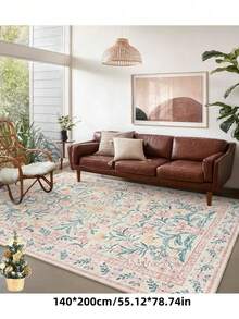 1pc Bohemian Modern Paris Garden Floral Carpet, Suitable For Living Room, Non-Slip Rust Red Printed Vintage Farmhouse Rug, Suitable For Bedroom, Dining Room, Dorm, Office, Home Decor - Hồng - Xem 7