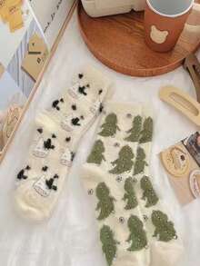 2 Pairs Of Cute Cow Patterned Plush Round Neck Fluffy Socks, Thick And Warm Coral Fleece Socks, Fluffy Socks, Soft And Comfortable, Suitable For Daily Wear, Christmas, Winter Home Warmth, Cozy - Multicolor - View 17