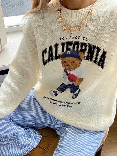 여성 캐주얼 패션 디지털 프린트 화이트 베어 그래픽 크루넥 풀오버 스웨터, 일상 착용, 출퇴근, 쇼핑에 적합, 가을/겨울