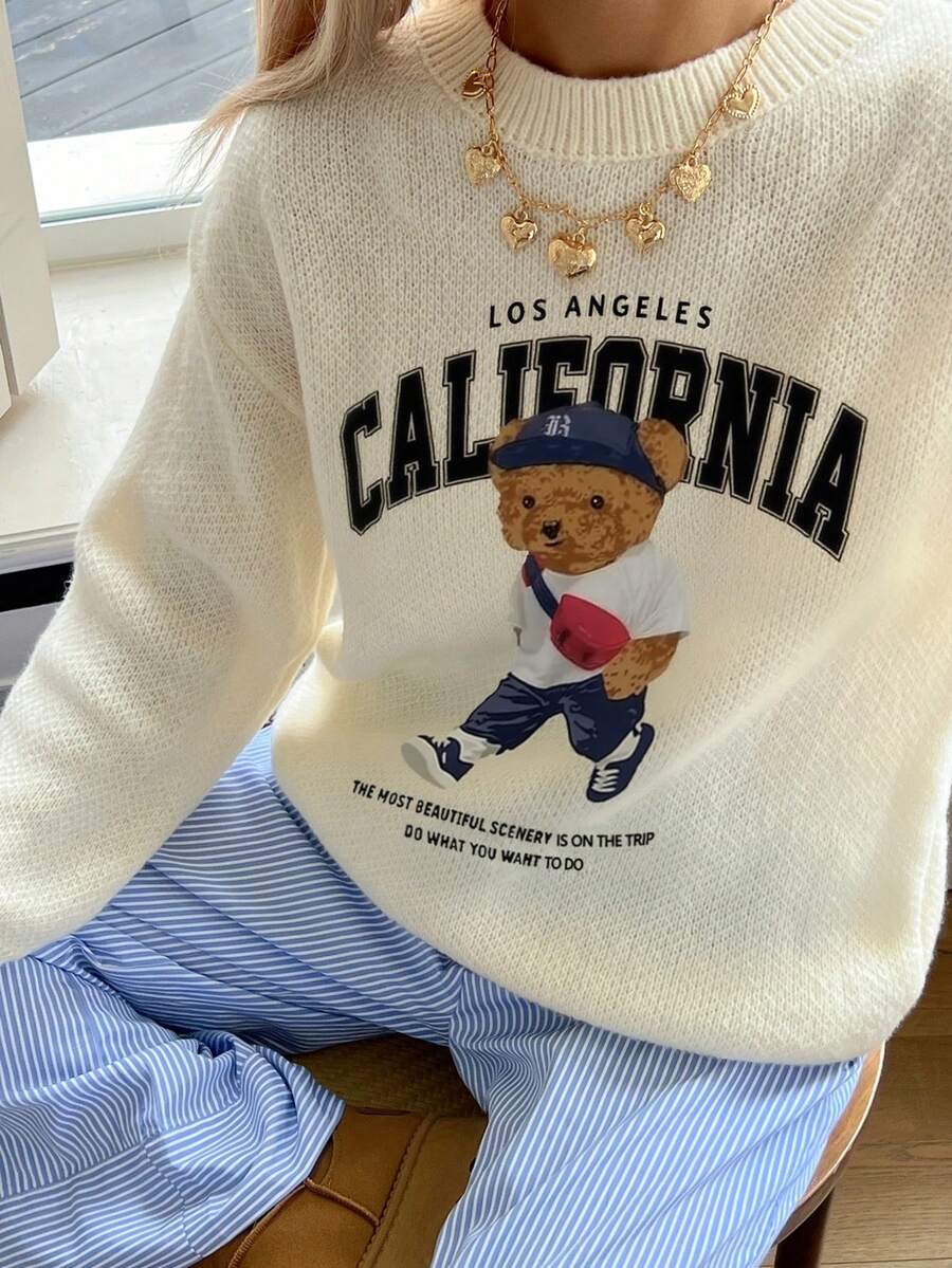 女士休闲时尚数码印花白熊图案圆领套头衫，适合日常穿着、通勤和购物，秋冬季 - 彩色 - 查看 1