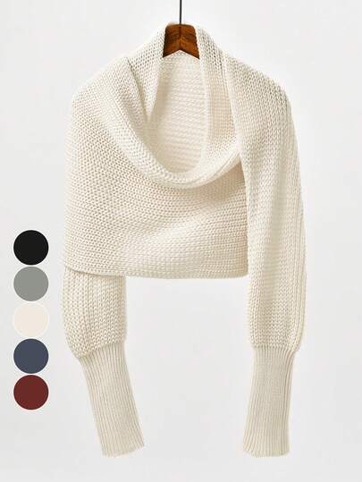 1pc Women's Solid Color Hollow Out Knitted Shawl, Cross Design With Sleeves Warm Pullover Outerwear Shawl Top, Casual Versatile Comfortable Warm Shawl, Minimalist Ins Style Suitable For Daily Wear, Outings, Travel, Pair With Long Dresses