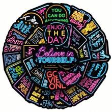 50张霓虹灯励志英文贴纸，乙烯基材质，适用于笔记本电脑、水瓶、吉他、自行车、汽车、摩托车保险杠、行李箱、滑板等，可爱贴纸，送给儿童、青少年、男士、女士的最佳礼物。学校用品，返校季必备 - 彩色 - 查看 10