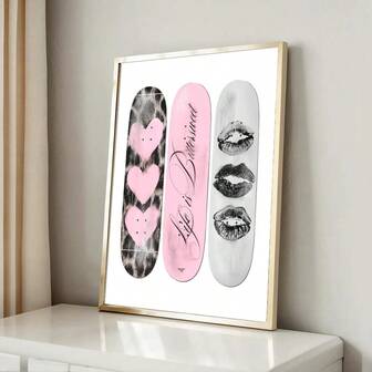 1幅装裱/未装裱复古粉色爱心嘴唇滑板帆布海报，豹纹冲浪板Y2K学院风墙面艺术印刷品，简约女孩房美学装饰，复古时髦画作，适用于宿舍、客厅、卧室、现代家居装饰