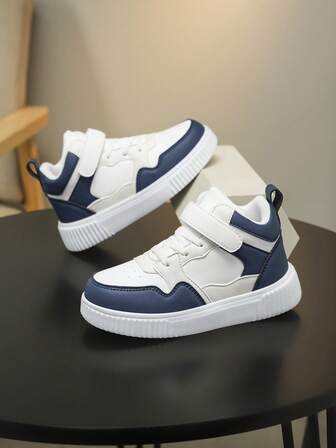 Barnmode Sneakers - Avslappnad sportig stil, vit & blå design, andningsbara & bekväma, lämpliga för daglig löpning och sport, höga skateskor för pojkar och flickor