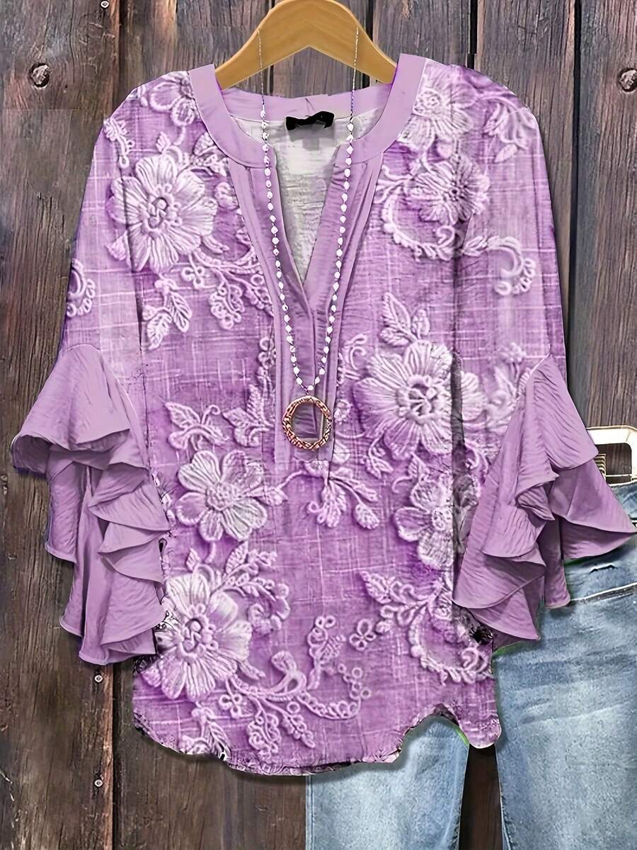 Women'S Vintage Floral Print Blouse With Ruffle Sleeves & V-Neck Button Front - Lightweight 3/4 Length Short Sleeve Round Neck Top, Plu Size Elegant Blue Blouse, Plu Size Elegant Blouse, Cardigan For Women In, Bohemian Clothes For Women - 紫色 - 查看 1