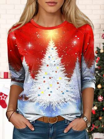 Christmas Elegant Casual Versatile Women's Thin Round Neck Long Sleeve T-Shirt With Christmas Tree Print, Suitable For Daily, Party, Holiday, Vacation, Office Wear, Autumn/Winter