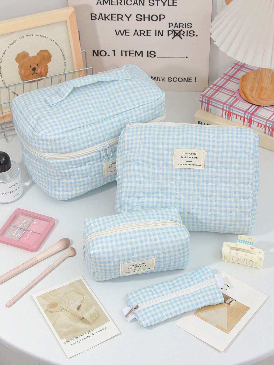 1 Piece Blue Grid Pattern Make Up Bag Embroidered Love-Shaped Pattern Makeup Bags Cute Polka Dots Print Cosmetics Storage Bag Large Capacity Travel Cosmetics Bag Zippered Makeup Brushes Organizer Bag Small Lipstick Pouch Small Items Storage Bag - Pink - View 1