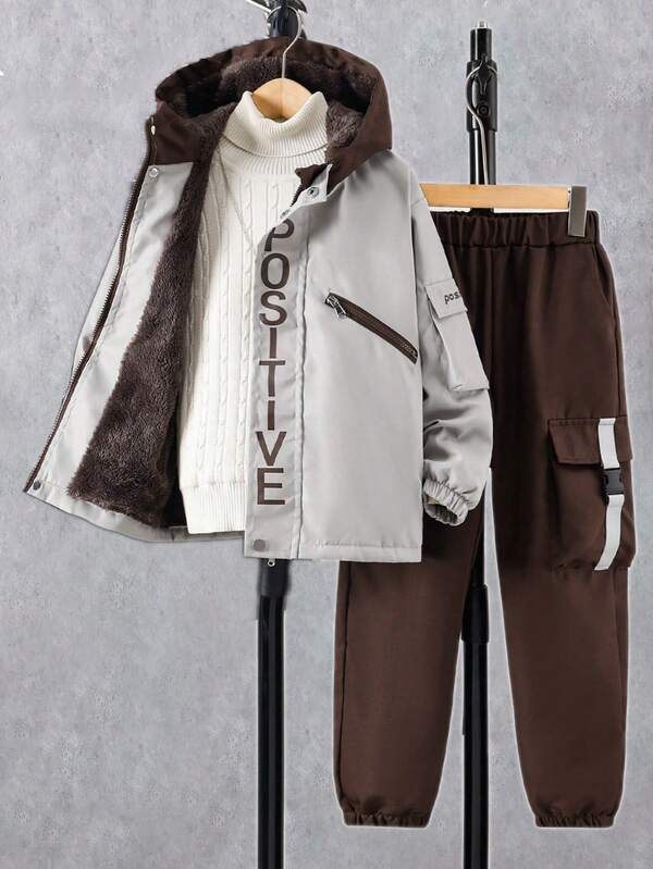 2pcs Tween Boy Casual Outdoor Printed Color Block Thermal Lined Set, Autumn/Winter