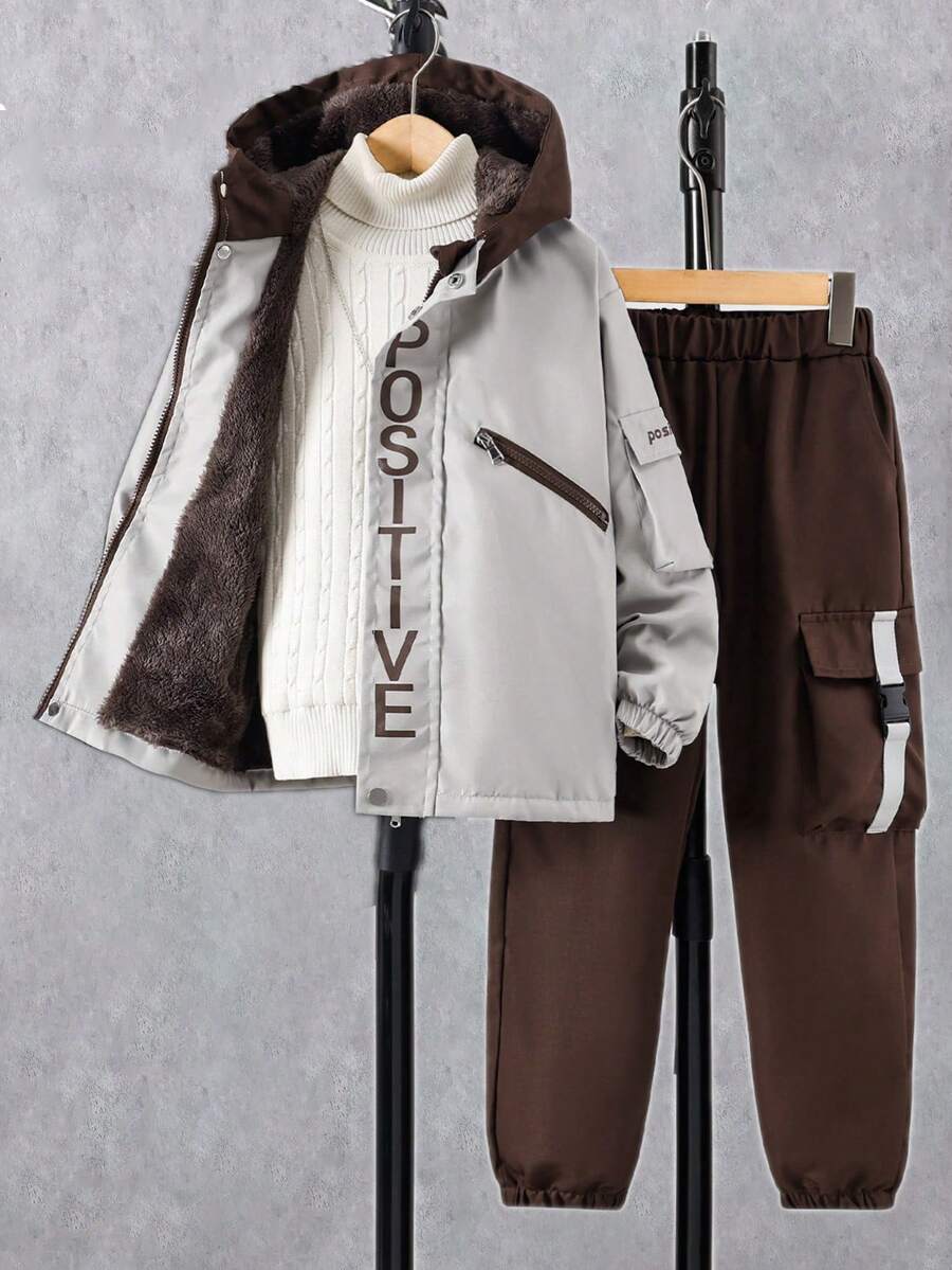 2pcs Boys' Casual Outdoor Printed Color Block Hooded Fleece Zip-Up Jacket And Drawstring Pocket Pants Set, Autumn/Winter