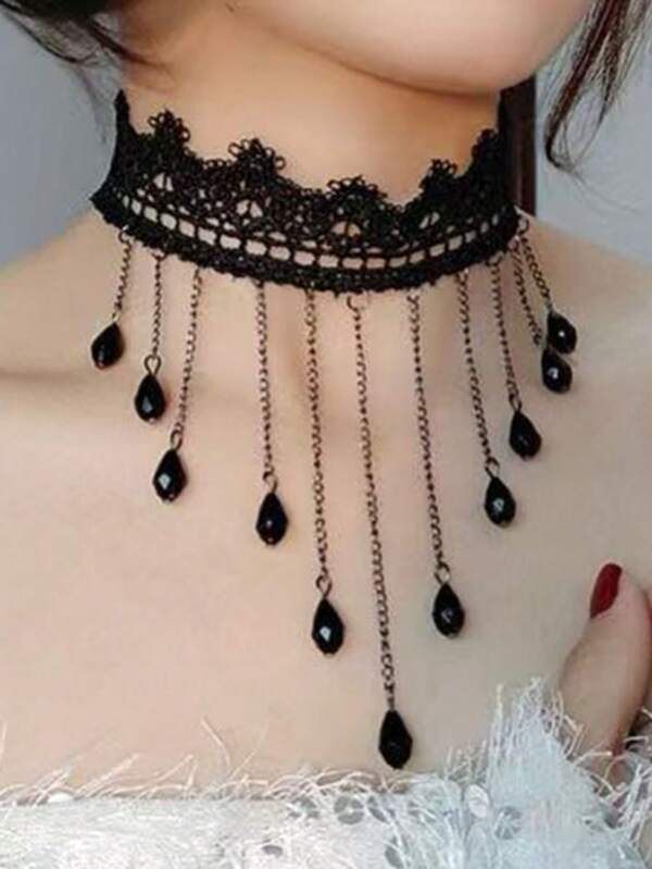 Shiny Polyester Women's Gothic Lace Choker Necklace, Collarbone Chain, Vintage Style