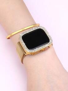 Compatible With Apple Watch Band And Case Combinations. Stylish And Casual, Perfect For Both Men And Women. Featuring A Soft, Breathable, Adjustable, Stainless Steel, Braided Loop With A Magnetic Clasp, Paired With A Drop-Resistant, Scratch-Resistant, Hard Pc Case With Two Rows Of Sparkling Diamonds. Compatible With Apple Watch Series Ultra, 11/10/9/8/7/6/5/4/3/Se, And Compatible With 38/40/41/42/44/45/46/49mm Bands And Cases. - Gold - View 5