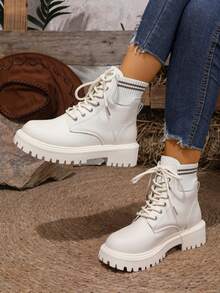 秋冬女士时尚靴子、休闲踝靴和短靴、优雅平底鞋、春秋季 - 米色 - 查看 7