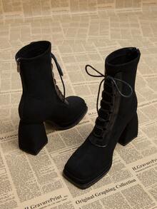 2025秋季新款欧美风女士优雅粗跟高筒靴，方头夜店踝靴，秋冬时尚踝靴 - 黑色 - 查看 4