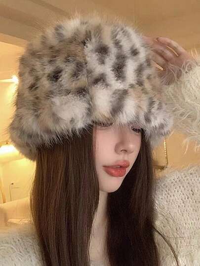 1pc Korean Style Leopard Print Faux Fur Bucket Hat, Personalized Ear Protection Bucket Hat For Women, Autumn/Winter Winter Gear