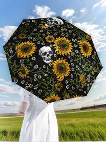 Guarda-chuva Dobrável com Crânio e Girassol, Presente de Halloween, Viagem, Ultralight, Portátil, Proteção UV, À Prova de Chuva, Guarda-sol Resistente para Homens e Mulheres