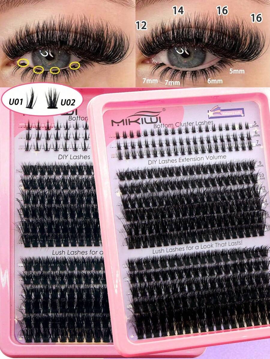 Fluffy Volume D Curl Lash Clusters DIY Set With Bottom Lashes Mixed Length For Beginners - màu đen - Xem 1