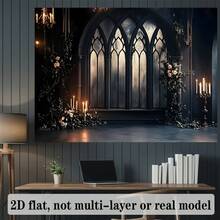 2D Flat, 1pc Gothic Arch Window Candlelight Theme Backdrop Banner - Polyester Fabric, No Electricity Needed, Perfect For Weddings, Birthdays & Parties, Home & Room Decor, Party Backdrop| Gothic Style Decor| Durable Polyester, Gothic Home Decor, Vintage Window Backdrop For Halloween/Corporate, Gothic Tapestry, Large Wall Banner, Gothic Horror Background, Happy Birthday Banner, Birthday Decoration, Flag - Như thể hiện trong hình - Xem 1