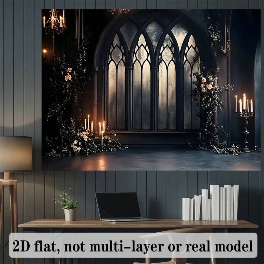 2D Flat, 1pc Gothic Arch Window Candlelight Theme Backdrop Banner - Polyester Fabric, No Electricity Needed, Perfect For Weddings, Birthdays & Parties, Home & Room Decor, Party Backdrop| Gothic Style Decor| Durable Polyester, Gothic Home Decor, Vintage Window Backdrop For Halloween/Corporate, Gothic Tapestry, Large Wall Banner, Gothic Horror Background, Happy Birthday Banner, Birthday Decoration, Flag - Như thể hiện trong hình - Xem 1