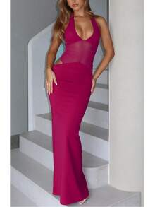 1 pièce Robe élégante et sexy en maille transparente de couleur unie avec découpe en V pour femmes, idéale pour les soirées, les sorties, les anniversaires, les séances photo et les représentations, printemps/été - Rose vif - Voir 5