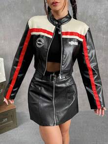 Chaqueta corta de cuero sintético con cremallera y bloques de color para mujer,Chaqueta estampada con letras bordadas - Rojo - Ver 6