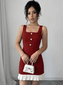 GOODAA  Vestido informal con botones delanteros, tirantes anchos y parchwork en blanco y negro para mujer - Rojo - Ver 9
