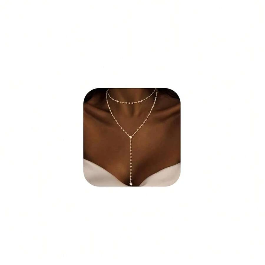 Luxval Lariat Gold Necklace For Women, Dainty Long Necklace 14k Gold Plated/Silver Y-Shaped Pendant Necklaces Beaded Chain Drop Necklaces Jewelry For Women Gifts{"Color_name":"Gold-Wavecz"} - Gold-wavecz - 查看 1