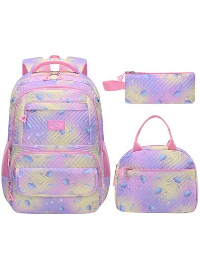 1 Set Zaino con stampa di medusa in diamanti, design a scomparti multipli di grande capacità, cinghie per le spalle regolabili e confortevoli, cuscinetto posteriore traspirante, tasche laterali per bottiglie d'acqua e ombrelli, adatto per uso quotidiano e viaggi, zaino in poliestere resistente all'acqua, regalo per il ritorno a scuola