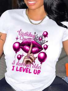 Queen's Birthday Queen Pattern T-Shirt, 100%Cotton, Casual Round-Neck T-Shirt With Balloon And Lip Print, Regular Length, Knitted Fabric, Suitable For All Seasons, Allseason Top| Humorous Design | Medium Elasticity - 玫紅色 - 查看 1