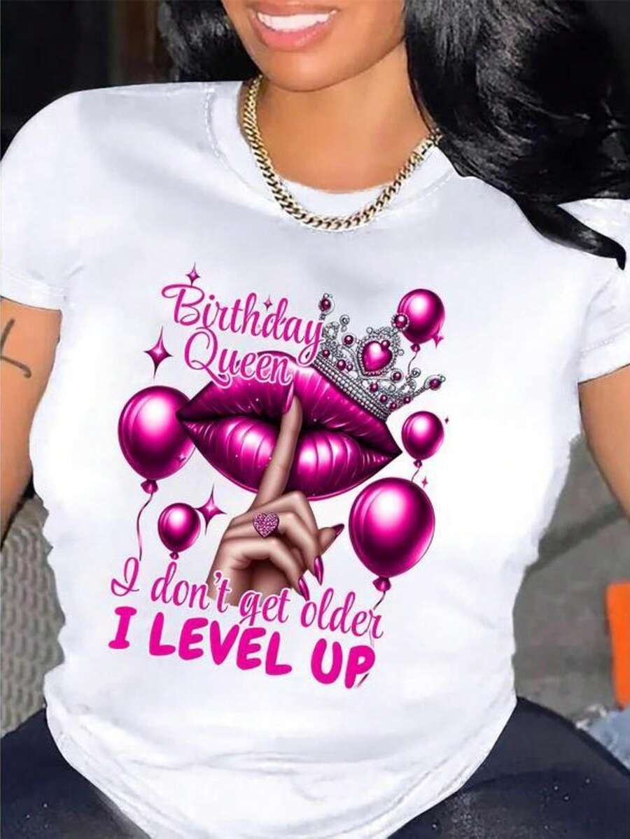 Queen's Birthday Queen Pattern T-Shirt, 100%Cotton, Casual Round-Neck T-Shirt With Balloon And Lip Print, Regular Length, Knitted Fabric, Suitable For All Seasons, Allseason Top| Humorous Design | Medium Elasticity - 玫紅色 - 查看 1