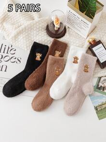 1/3/5 Pairs Women's Embroidered Plush Socks, Thick Warm Floor Socks, Cartoon Warm Sleeping Socks, Fashionable & Versatile, Coffee Color