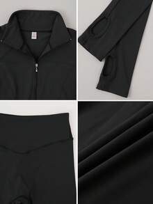 NcmRyu 1 Set Women's Slim Fit Solid Color Stand Collar Zipper Shaping Sports Suit - Black - View 4