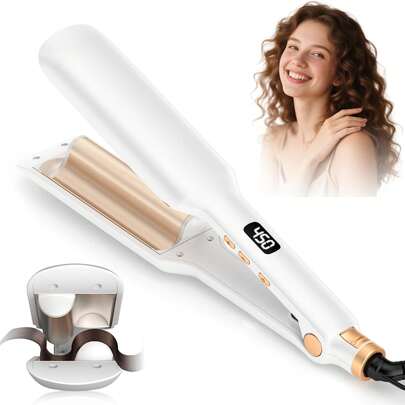 UKLISS Hair Waver Crimper - Beach Waves Hair Curler, Mermaid Waver For Wavy Hair, Wave Curling Iron With 14 Adjustable Temps (120-230°C) | Lightweight & Compact Size | Double Voltage - White Gold