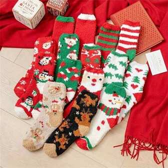 1 Pair Of Christmas Print Socks, Comfy And Cute Furry Warm Socks, Women's Stockings And Socks (Random Styles)