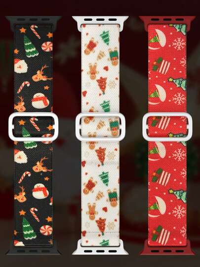3 件/套圣诞弹性表带，适用于 38 毫米 40 毫米 41 毫米 42 毫米 44 毫米 45 毫米 46 毫米 49 毫米，适合女士，尼龙单环表带适合 Series 10 9 8 7 6 5 4 3 2 1 SE Ultra，圣诞驯鹿/雪球/姜饼设计