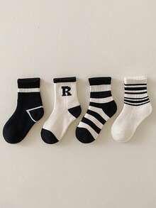 4 Paar Kinder Socken mit Buchstaben-Muster (1-12 Jahre alt), weich & bequeme Knöchelsocken für Jungen, geeignet für Herbst/Winter Sport, vielseitiges & minimalistisches Design, ideal für Alltag & Outdoor Outfit