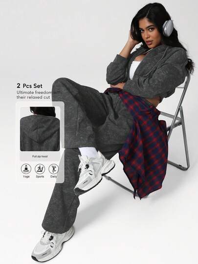 Sodalemon Women's Loose Fitness Set, Casual Zip-Up Hoodie With Drawstring & Pockets, Workout Pants, 2 Pieces Sports Suit