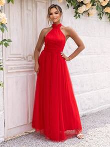 Joyfunear Women's Elegant Wedding Mesh Backless Halter Dress - Red - View 1