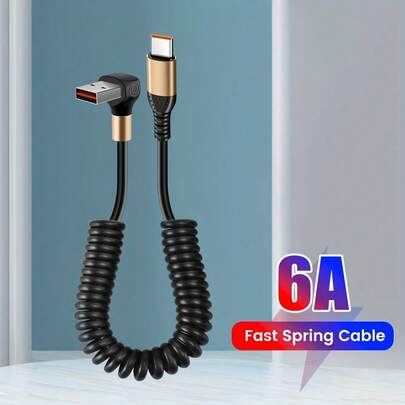 6A Fast Spring Cable 6A Fast USB Type C Spring Cable | 90 Degree Elbow, Flat Matte Finish, USB Charging, For Compatible With Samsung Compatible With Xiaomi Compatible With Huawei Car & Phone, ≤36V Operating Voltage, No Battery Required