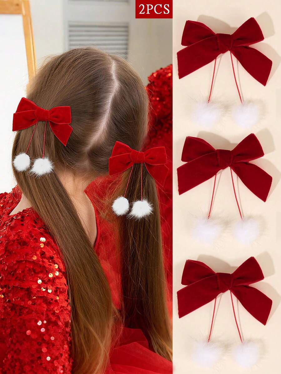 2PCS Bow Hair Clip For Girls, White Fur Ball Tassel Hair Bows Duckbill Clip For Children's Hair Accessories, Suitable For Giving Gifts In Autumn&Winter And New Year Hair Accessories - Multicolor - View 1