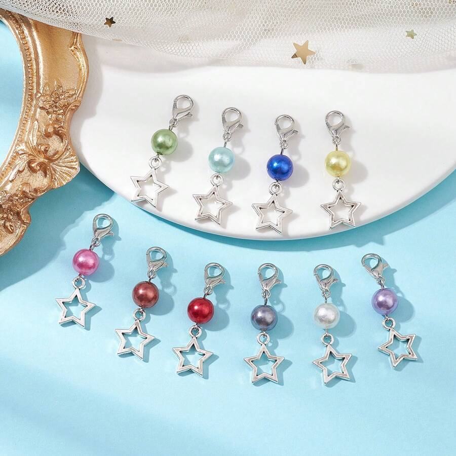 10 pezzi, 10 colori, ciondoli a forma di stella in lega, perle acriliche e moschettoni a gancio per decorazioni di borse, colori misti, 37,5 mm, 1 pezzo per colore