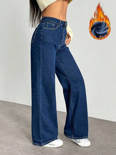 Vaqueros casuales de pierna ancha extra largos para mujer con cremallera y bolsillos para un look relajado